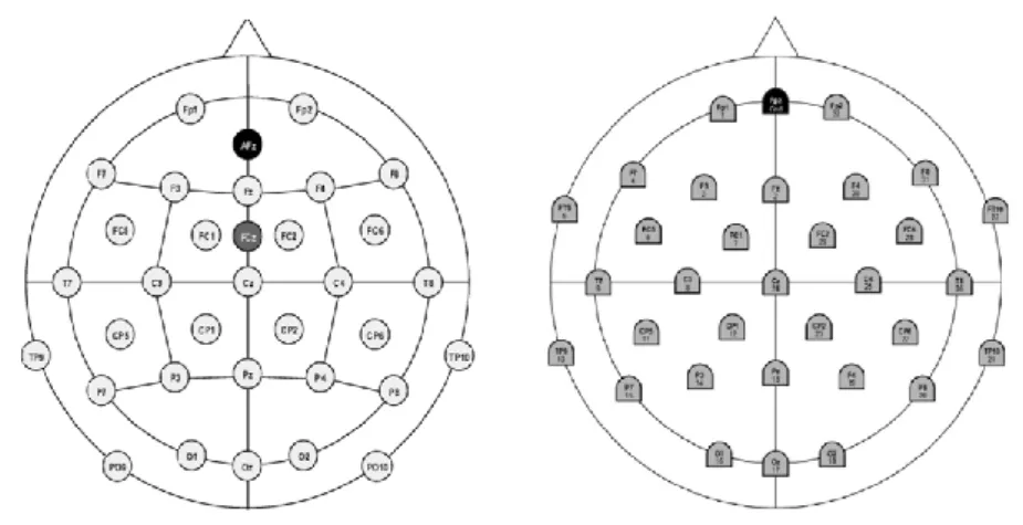 Figure 3:  Electrodes layout for the EEG acquisition.  Left: electrodes layout of the QuickAmp equipment; Right: 