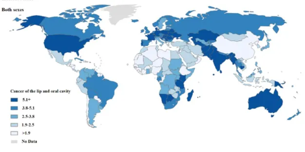 Figure 3- Incidence of lip and oral cavity worldwide, in both genders (Adapted from GLOBOCAN, 2012)