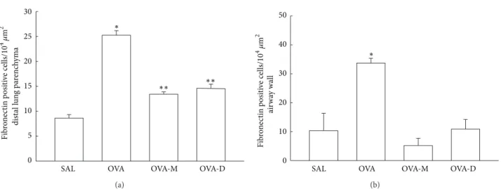 Figure 5: (a) Mean and SEM values of ibronectin positive cells in distal lung of GP that previously inhaled with normal saline or ovalbumin, and ater the 4th inhalation, GP were treated with montelukast (OVA-M group) and dexamethasone (OVA-D group)