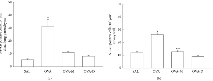 Figure 6: (a) Mean and SEM values of NF- � B positive cells in distal lung of GP that previously inhaled normal saline or ovalbumin, and ater the 4th inhalation, GP were treated with montelukast (OVA-M group) and dexamethasone (OVA-D group)
