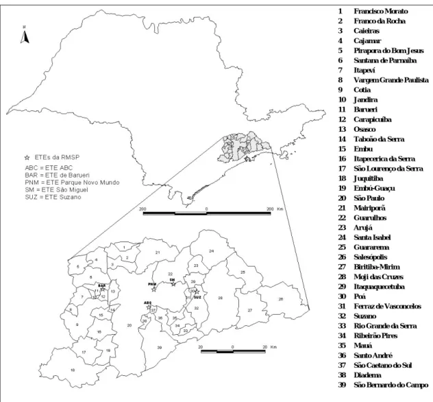 Figura 1: Posição relativa dos municípios que compõem a Região Metropolitana de São  Paulo (RMSP) e das ETEs que atendem essa região