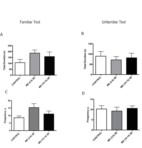 Figure 16 – Effects of MS and different environmental conditions during the social interaction tests: familiar (A and C) and  unfamiliar (B and D) for the self grooming behavior