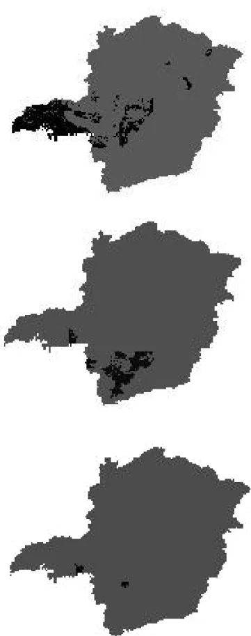 Figura 8: Mapas temáticos das áreas potenciais indicadas para o plantio das  espécies Myracroduom urundeuva, Caesalpinea leiostachya e  Tectona grandis no estado de Minas Gerais
