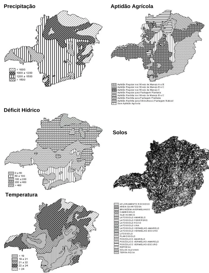 Figura 2: Mapas das unidades de aptidão agrícola, precipitação, déficit hídrico,  unidades de solos e temperatura para o Estado de Minas Gerais (GEOMINAS,  2002)