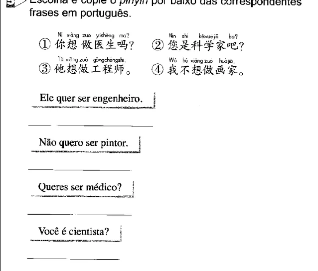 FIGURA 1 – Exercício de Tradução de Frases   (Kuaile Hanyu: Caderno de Exercícios 2009:107) 