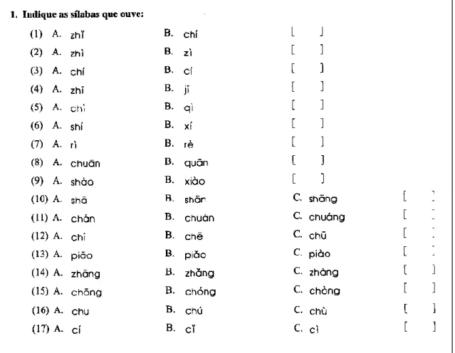 FIGURA 2 – Exercício de Diferenciação do Som  (Chinês Contemporâneo: Caderno de Exercícios, 2010:12) 