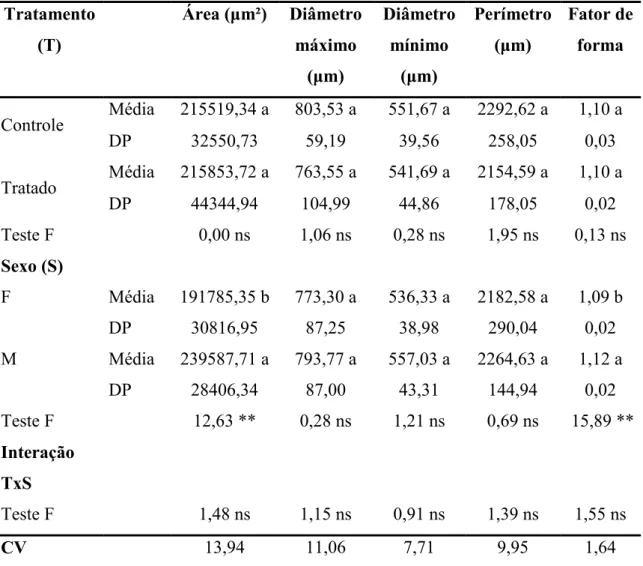 Tabela 1  - Valores de  F, coeficiente de variação  (CV), médias e desvio padrão  (DP) obtidos nas análises de variância para os parâmetros mensurados nos corpúsculos  esplênicos da polpa branca do baço de coelhos da raça Nova Zelândia Branco, tratados  co