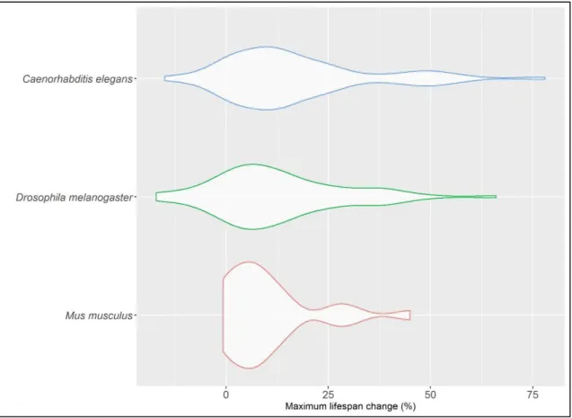Figure 3.6: Violin plot of the maximum lifespan changes obtained in 140  C. elegans , 74  D