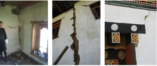 Figure  9:  Typical  damages  of  RE  constructions  from  Bhutan,  after  the  Sikkim-Bhutan  earthquake: (a) corner cracks; (b) separation of old and new walls; (c) diagonal cracks at the  openings 
