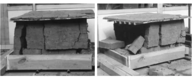 Figure 14: RE model with square plan developed a large crack after the 2 nd   stroke, (a) one  part separated after 3 rd   strokes and (b) collapse after 4 th  stroke (Minke, 2001) 