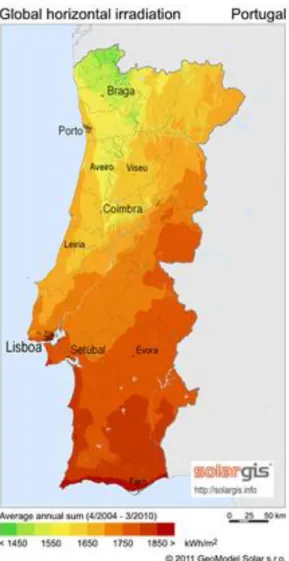 Figura 1.4-Distribuição da radiação solar anual em Portugal [6]. 