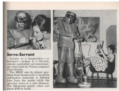 Figura 1.1: Robô humanóide MM47 desempenhando tarefas com os dois braços (imagem da revista: Popular Mechanics, Julho de 1961).