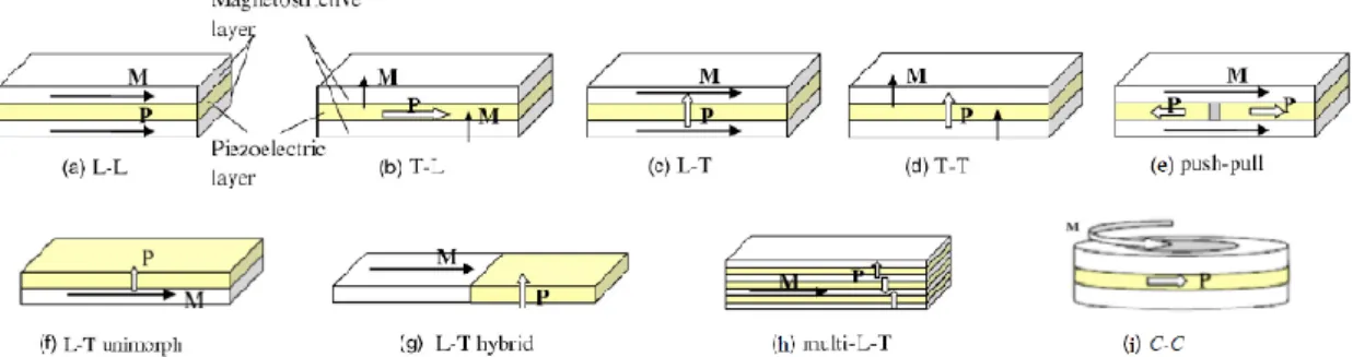 Figura 2.7 - Topologias de funcionamento dos compósitos ME: a) L-L; b) T-L; c) L-T; d) T-T; e) push-pull,  f)L-T unimorph; g) L-T hybrid; h) multi L-T