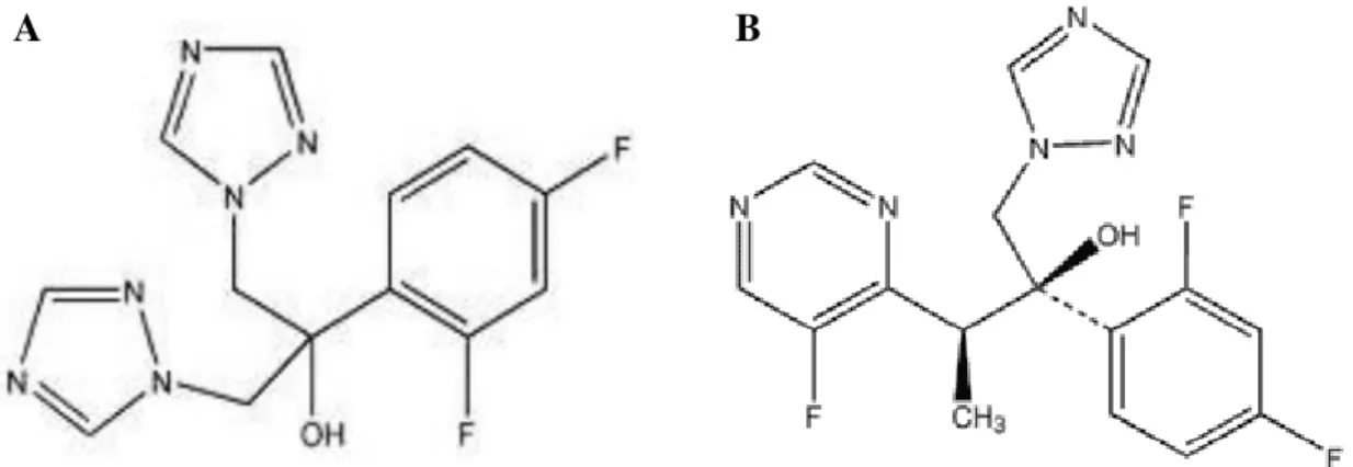 Figure 1.7. Chemical structural of the fluconazole (A) and voriconazole (B). Adapted from: Odds et  al