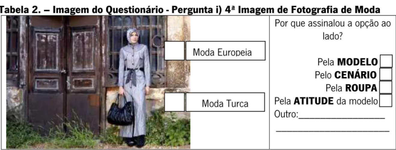 Tabela 2. – Imagem do Questionário - Pergunta i) 4ª Imagem de Fotografia de Moda  Por que assinalou a opção ao 