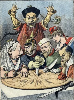 Figura 4 Caricatura da época retratando a China como  um bolo a ser dividido pela Inglaterra, Alemanhã,  Rússia, França e Japão 