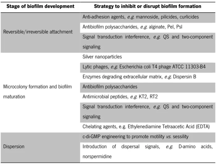 Table 3- Examples of new strategies to inhibit or disrupt biofilms at different stages of their development 33