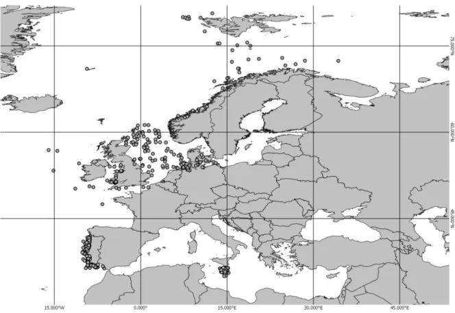 Figura 2 – Distribuição geográfica das amostras da biblioteca de referência que dispunham de coordenas  GPS (WGS84) 
