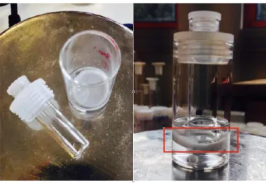 Figure 2.2: Disassembled (left) and assembled (right) modified glass vial used in drug release assays, with a submerged  membrane (red rectangle)