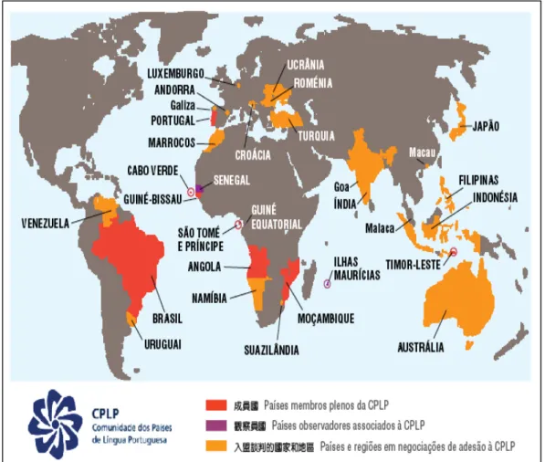 Figura  4:  Configuração  dos  países  membros  plenos  da  CPLP,  países  observadores  associados  à  CPLP  e  países e região em negociações de adesão à CPLP