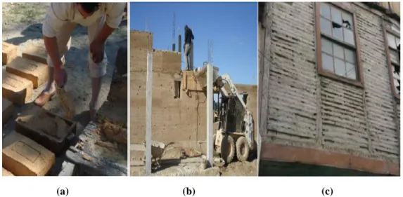 Figura 1. 1: Técnicas de construção em terra: (a) adobes sendo fabricados, (b)  construção de uma parede de taipa, (c) parede de taipa