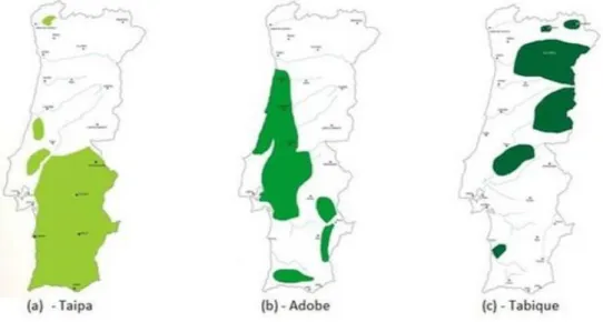 Figura 2. 3: Localização das técnicas construtivas que utilizam terra em Portugal. 