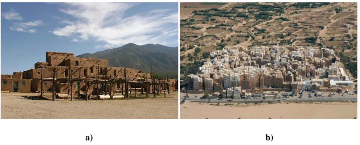 Figura 2. 4: Edificações em terra: a) Edifícios em terra, Taos, Novo México; b) Edifícios em adobe,  Shibam, Iémen