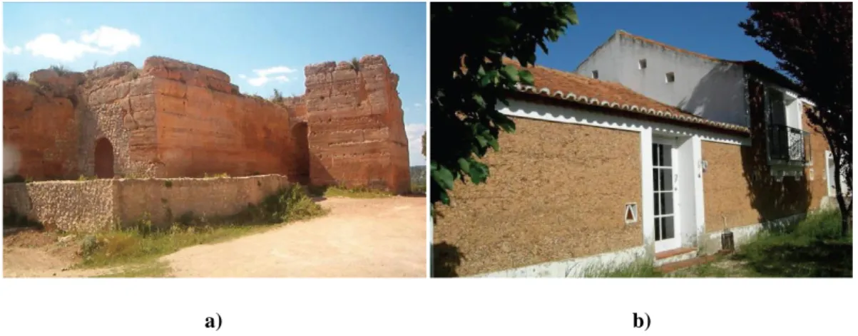 Figura 2. 5: Edificações em terra: a) Castelo de Paderne, Algarve; b) Habitação unifamiliar em  Odemira (Parreira, 2007)