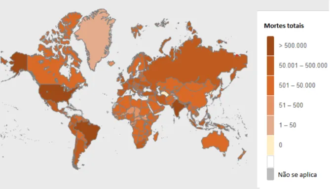 Figura 3 - Distribuição de mortes confirmadas por COVID-19 no mundo, até dia 10 de janeiro de 2023.