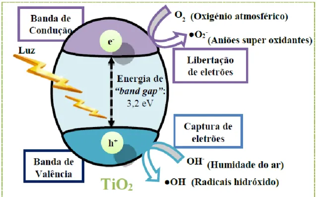 Figura 2 Esquema concetual do mecanismo da fotocatálise heterogénea com TiO 2 . 