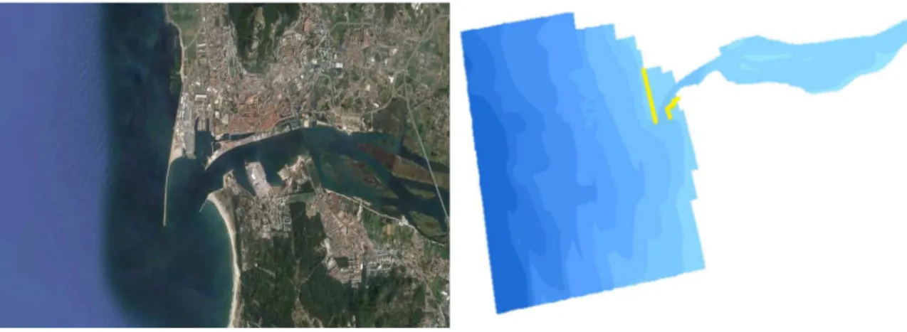 Figura 13 - Obras marítimas na foz Google Earth (esquerda) e no Deld3D (direita) 
