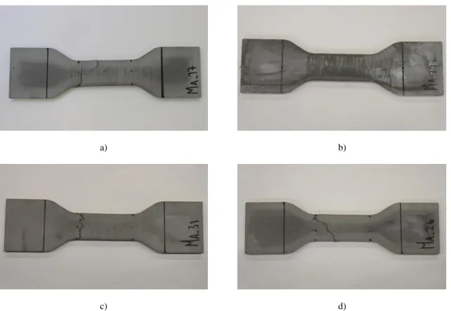 Figure 3. 34- Mixture A dogbone specimens tested after 14 days of curing: a) in air; b) in seawater; c) in tap water; d) in  salted water