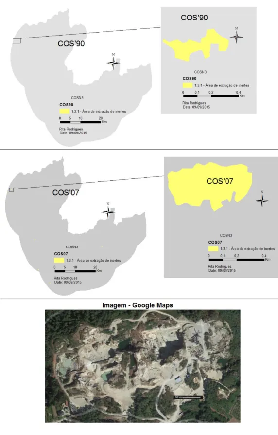 Figura 33 – Área de extração de inertes segundo o COS’90, o COS’07 e o  Google Maps 