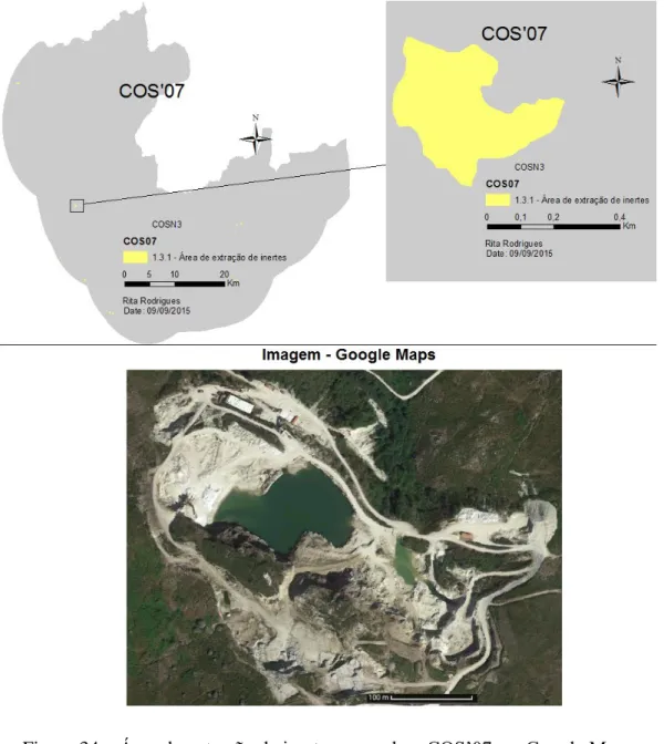 Figura 34 – Área de extração de inertes segundo o COS’07 e o Google Maps 