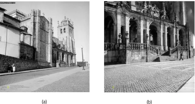 Figura 2.6 – Vista da fachada lateral depois das obras da DGEMN: (a) vista geral (1956) [5]; (b) escadaria da galilé (1956)  [5]