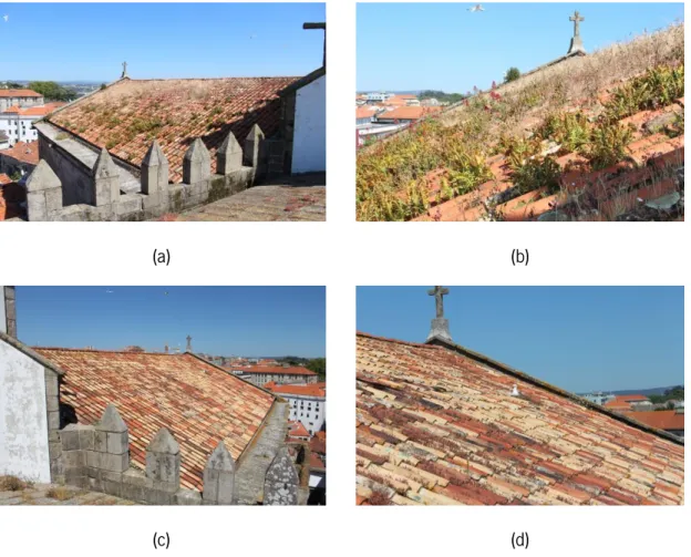 Figura 3.8 – Vista da cobertura da cabeceira: (a) e (b) aspeto geral do pano norte; (c) e (d) aspeto geral do pano sul