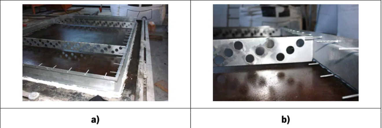 Figure 54. Galvanized steel frame for panel 2 already placed on the casting table (a); steel connectors  on the edge of the profile and perforated reinforcement bars (b)