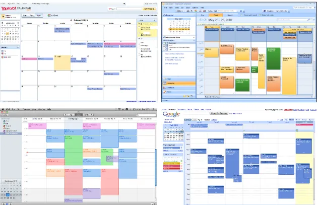 Figura 1 - Exemplos de formatos de calendários. a)Yaoo Calendar - Yaoo 1 ; b)Outlook - Microsoft 2 ; c)iCal - Apple 3 ; d) Google Calendar  - Google 4 