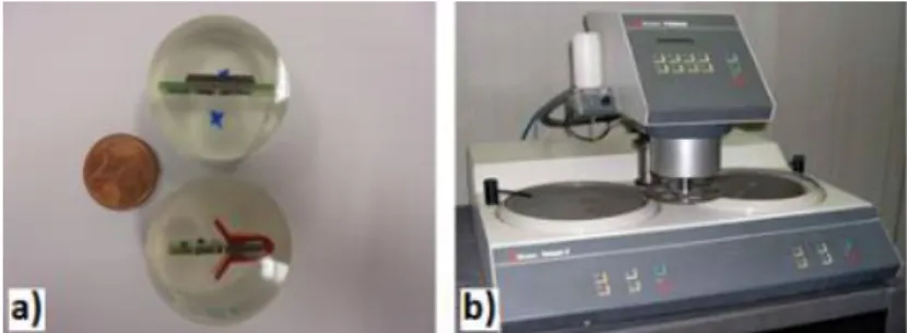 Figure 32. a) Mounted samples from SolarA product cuts and b) Polishing machine Struers RotoPol-21 [adapted from [66], used  at Marques Ferreira chemical lab