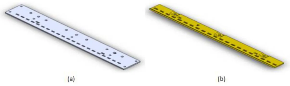 Figura 13- (a) Placa metálica que serve de matriz de furação; (b) Placa metálica que serve de guia de furação 