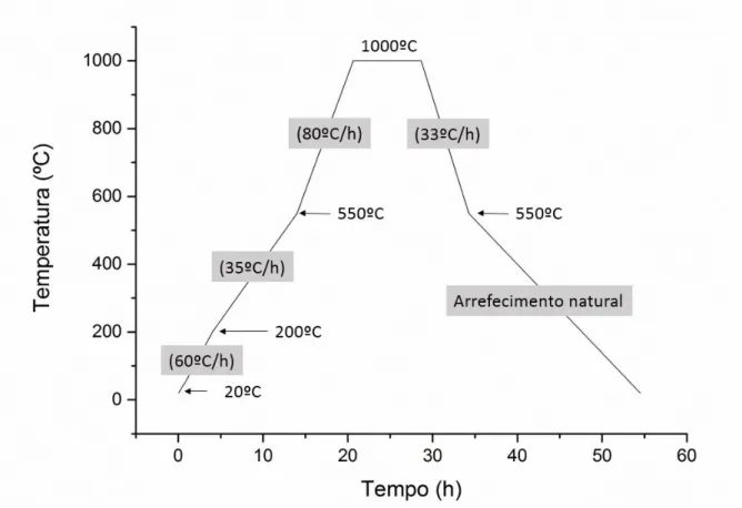 Figura 12 - Ciclo térmico utilizado neste estudo. As velocidades de aquecimento e arrefecimento foram mantidas em toadas as condições