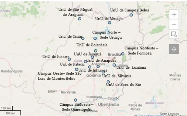 Figura 7 - Localização geográfica dos câmpus e das unidades universitárias que ofertam o curso de  Pedagogia da UEG
