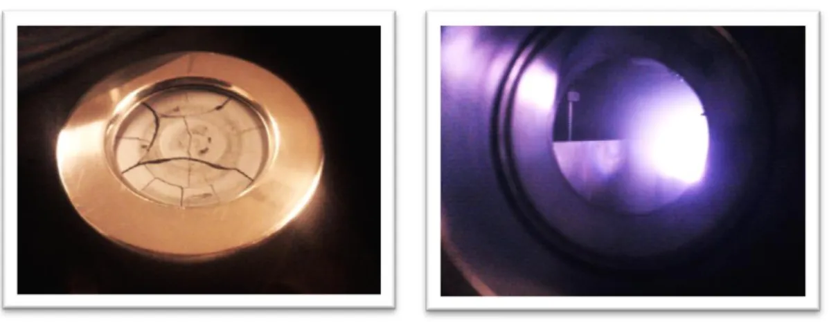 Figura 4.5 – A foto da esquerda mostra um alvo de        utilizado. A foto da direita  mostra o plasma criado durante deposição de       