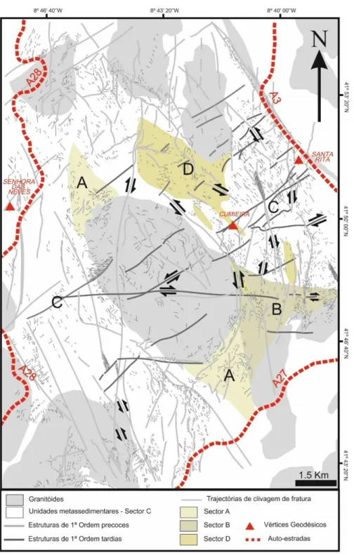 Figura 8: Sectores definidos por Leal Gomes (1994) sobrepostos às lineações definidas na figura 7;  