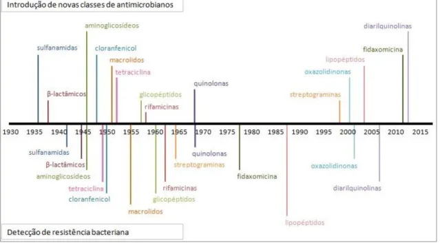 Figura  1:  Representação  temporal  da  introdução  e  detecção  de  resisitência  a  antimicrobianos  no  tratamento de infecções