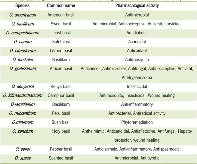 Table 1. 1- Biological activities of some species of the  Ocimum  genus modified from (Raimo and Yvonne 2005) 