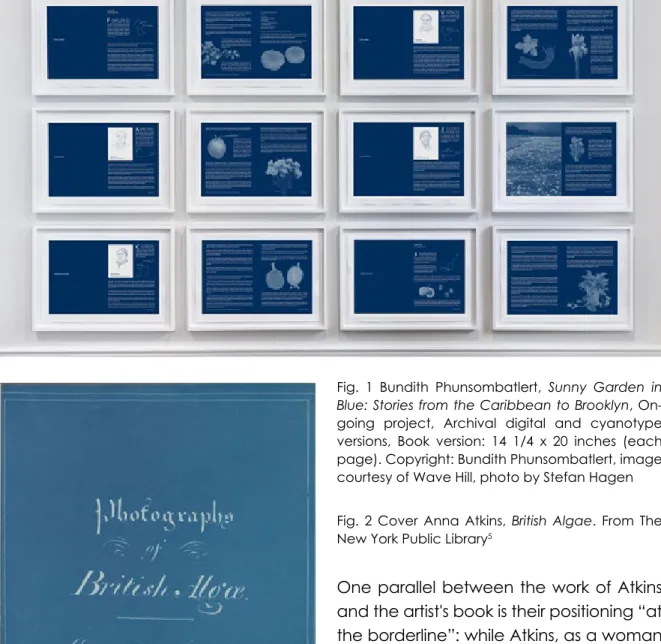 Fig. 1 Bundith Phunsombatlert, Sunny Garden in  Blue: Stories from the Caribbean to Brooklyn,  On-going project, Archival digital and cyanotype  versions,  Book  version:  14  1/4  x  20  inches  (each  page)