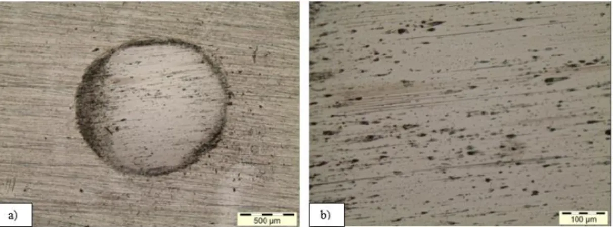 Figura 34 - Análise via microscópio óptico. (a) calota esférica formada pela lama abrasiva composta de  e 80% de Sílica 20 % de Hematita