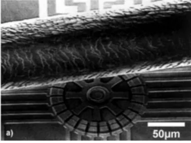 Figura 9 – Um motor de silício MEMS juntamente com um fio de cabelo humano.