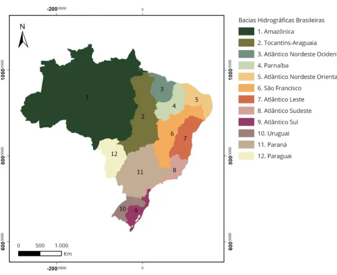 Figura 1.1 - As doze bacias hidrográficas brasileiras. Fonte: Elaborado pela autora com base nos dados do IBGE  (2021)